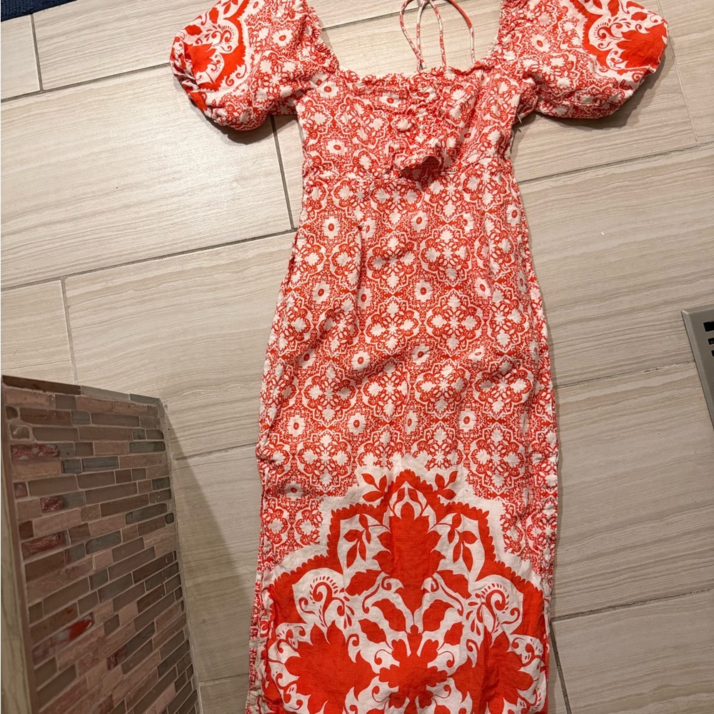 Boden orange and White Patterned Midi Dress